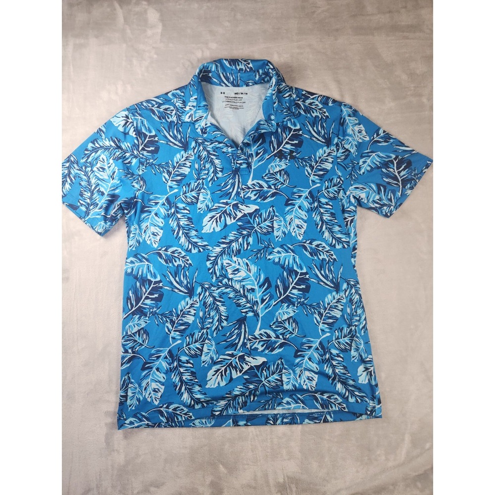 Men's Under Armour Playoff Polo Shirt Size Medium Blue Island Leaf Print